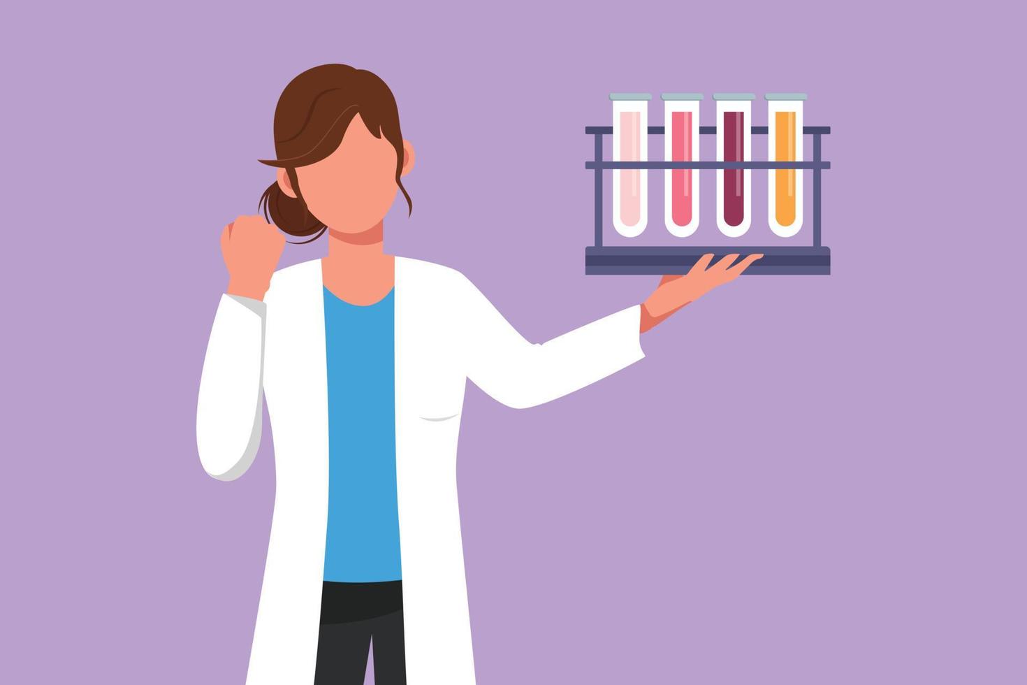 Graphic flat design drawing female scientist holding measuring tube with celebrate gesture and examining chemical solution to make vaccine due to pandemic outbreak. Cartoon style vector illustration