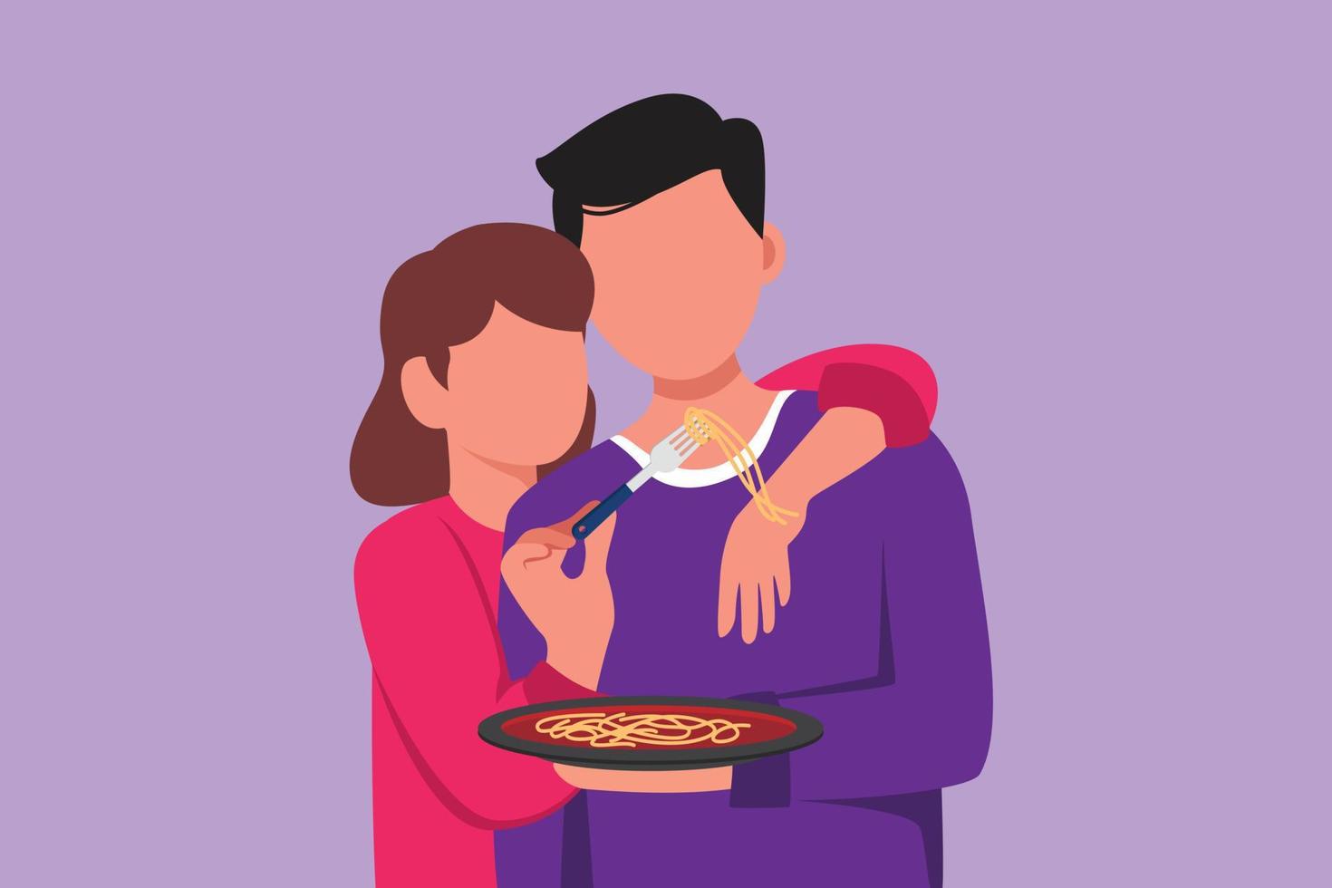 Character flat drawing romantic woman feeding husband with Italian pasta or spaghetti bolognese. Celebrate wedding anniversaries and enjoy romantic moment at home. Cartoon design vector illustration
