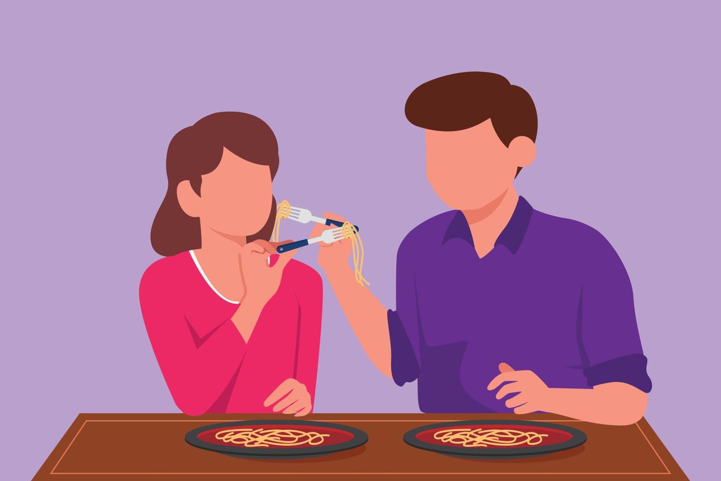 dibujo de estilo plano de dibujos animados pareja romántica comiendo fideos juntos. jóvenes personajes felices de hombre y mujer sentados en la mesa comiendo fideos de pasta de cocina italiana fresca. ilustración vectorial de diseño gráfico vector