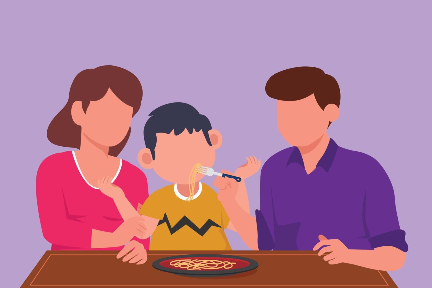 Graphic flat design drawing young family having lunch together in restaurant. Parents feed they son with love. Happy little family eating noodle or Italian spaghetti. Cartoon style vector illustration