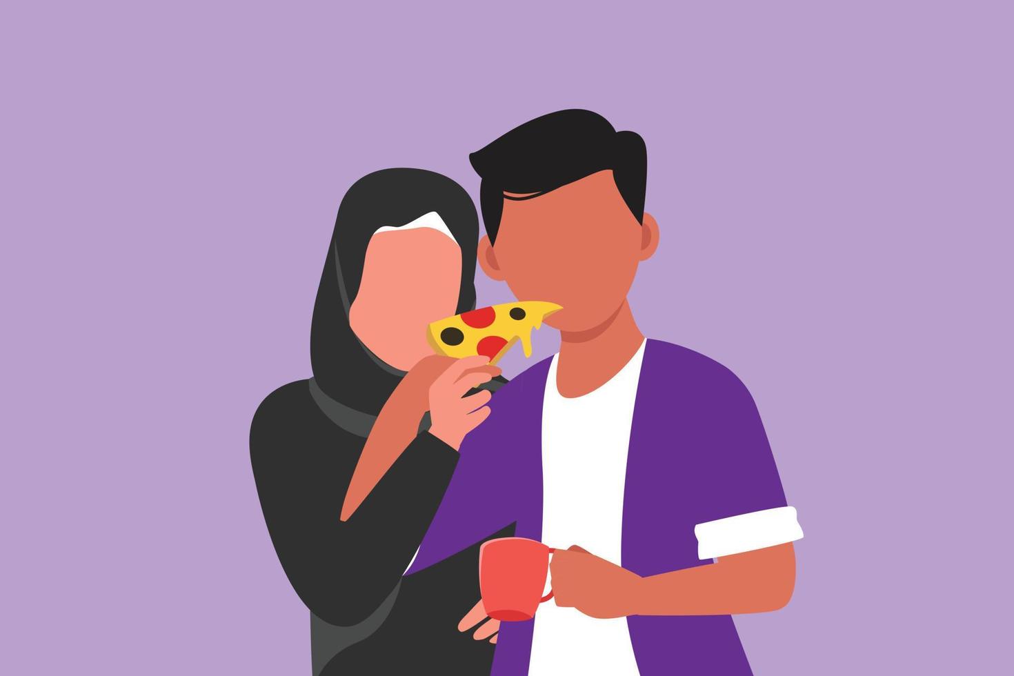 Graphic flat design drawing Arab couple sharing pizza cut. Man and woman eat Italian pizza together. Celebrate anniversaries and enjoy romantic lunch at restaurant. Cartoon style vector illustration