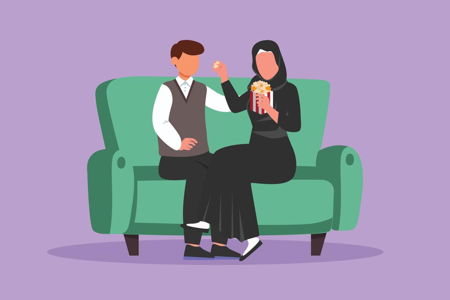 Graphic flat design drawing romantic young Arab couple sitting relaxed together on sofa, woman feeding popcorn to man. Celebrate wedding anniversary in living room. Cartoon style vector illustration