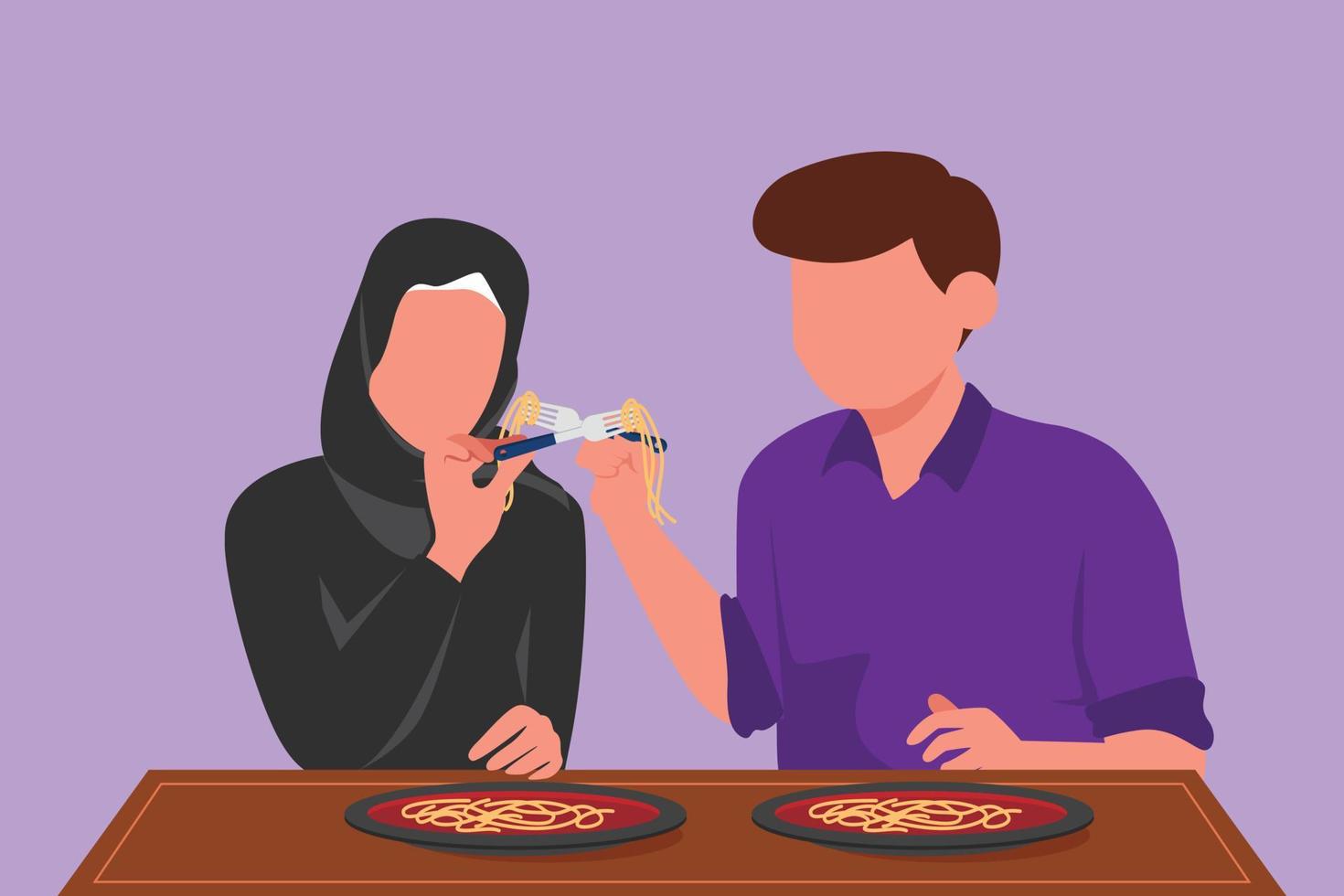 Cartoon flat style drawing romantic Arab couple eating noodle together. Happy man and woman characters sitting at table eating fresh Italian cuisine pasta noodles. Graphic design vector illustration