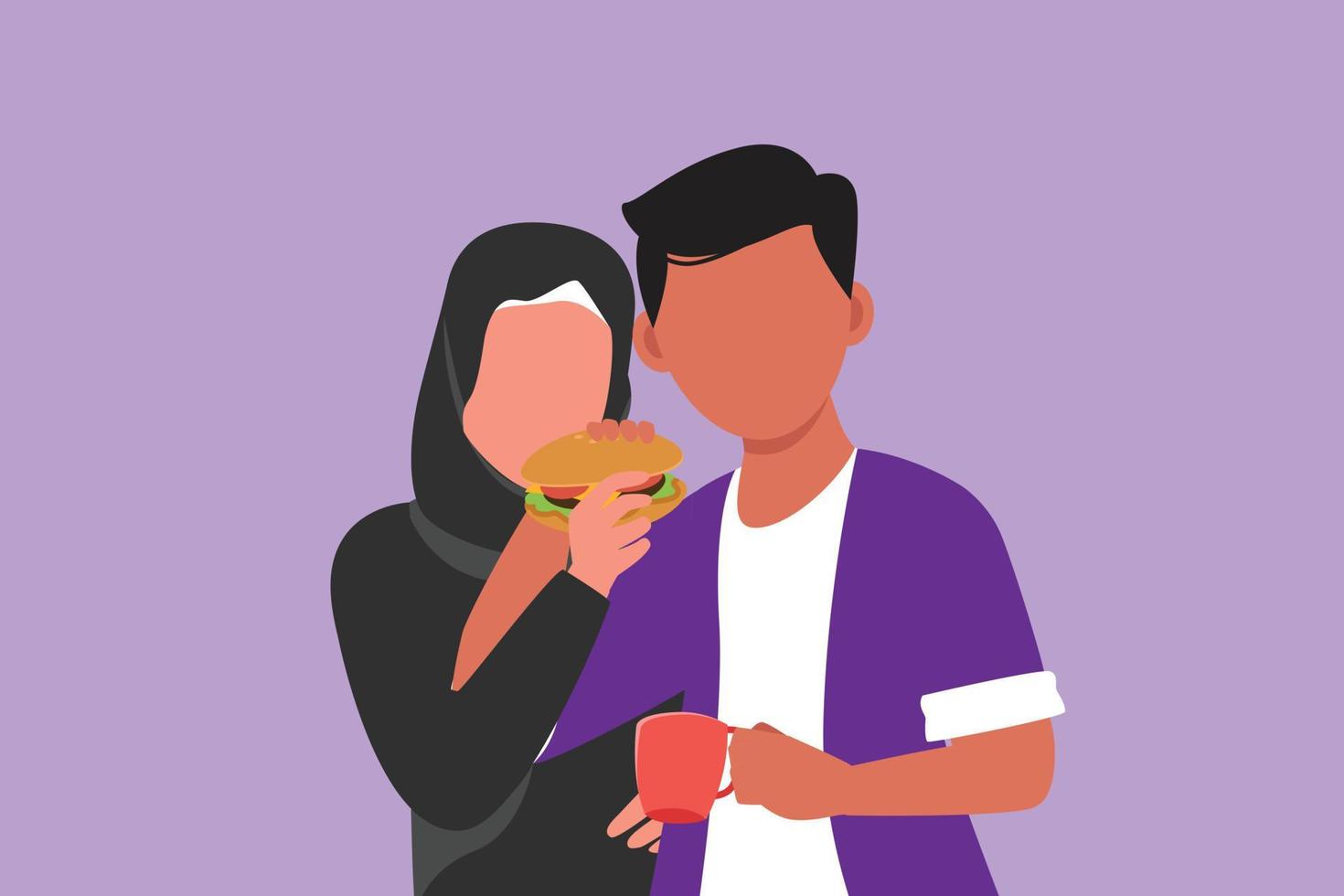 personaje plano dibujo hombre y mujer comiendo una hamburguesa juntos. feliz pareja árabe compartiendo hamburguesa. celebrar aniversarios de boda y almorzar en el restaurante. ilustración vectorial de diseño de dibujos animados vector