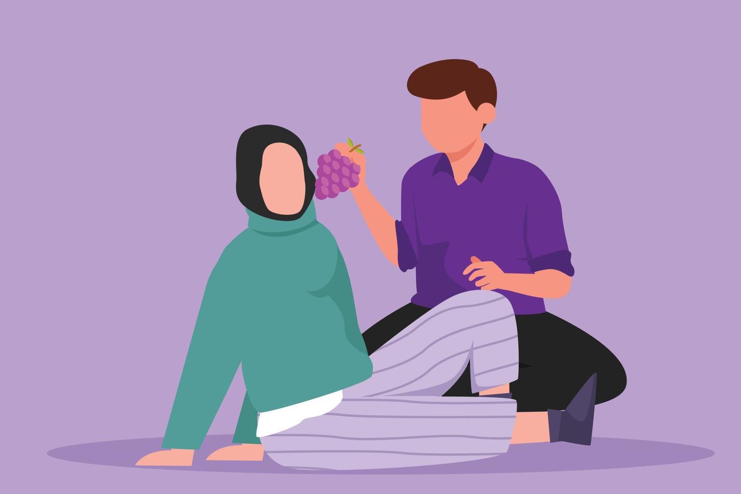 Graphic flat design drawing happy Arab man feeds grapes fruit to woman at outdoor. Romantic couple having picnic in summer park. Relaxing together sitting on ground. Cartoon style vector illustration