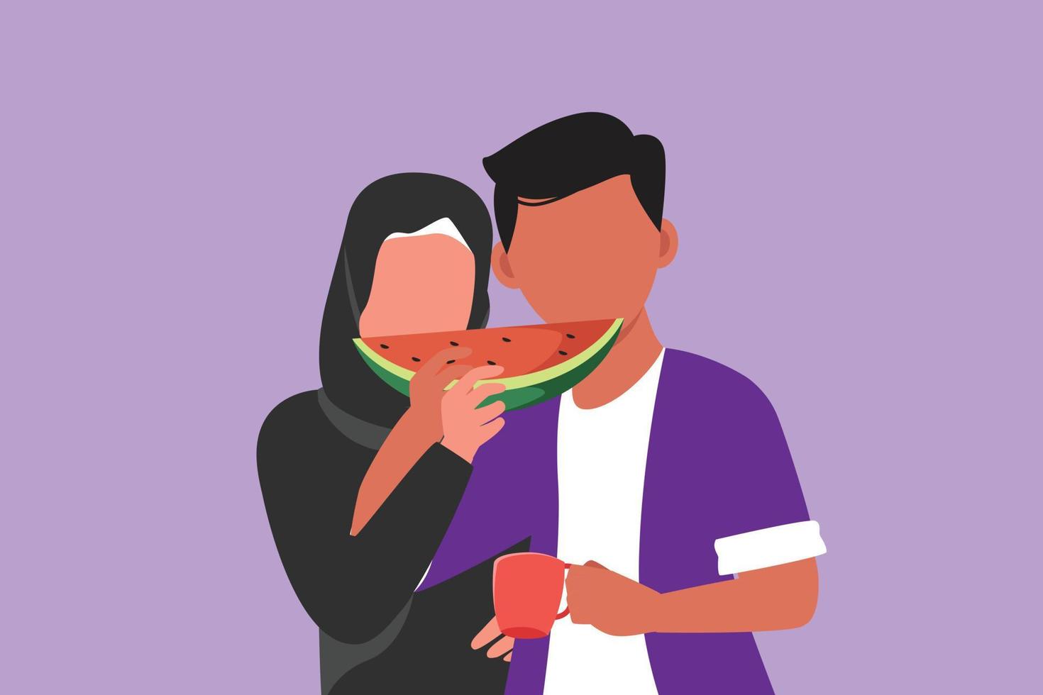 Cartoon flat style drawing cute young Arabian couple eating watermelon on outdoor having fun. Celebrate wedding anniversaries and enjoy romantic lunch at restaurant. Graphic design vector illustration