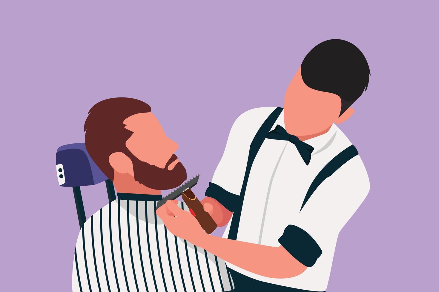 Graphic flat design drawing grooming of real man. Side view of bearded man getting beard haircut at hairdresser while sitting in chair at barbershop. Professional barber. Cartoon vector illustration