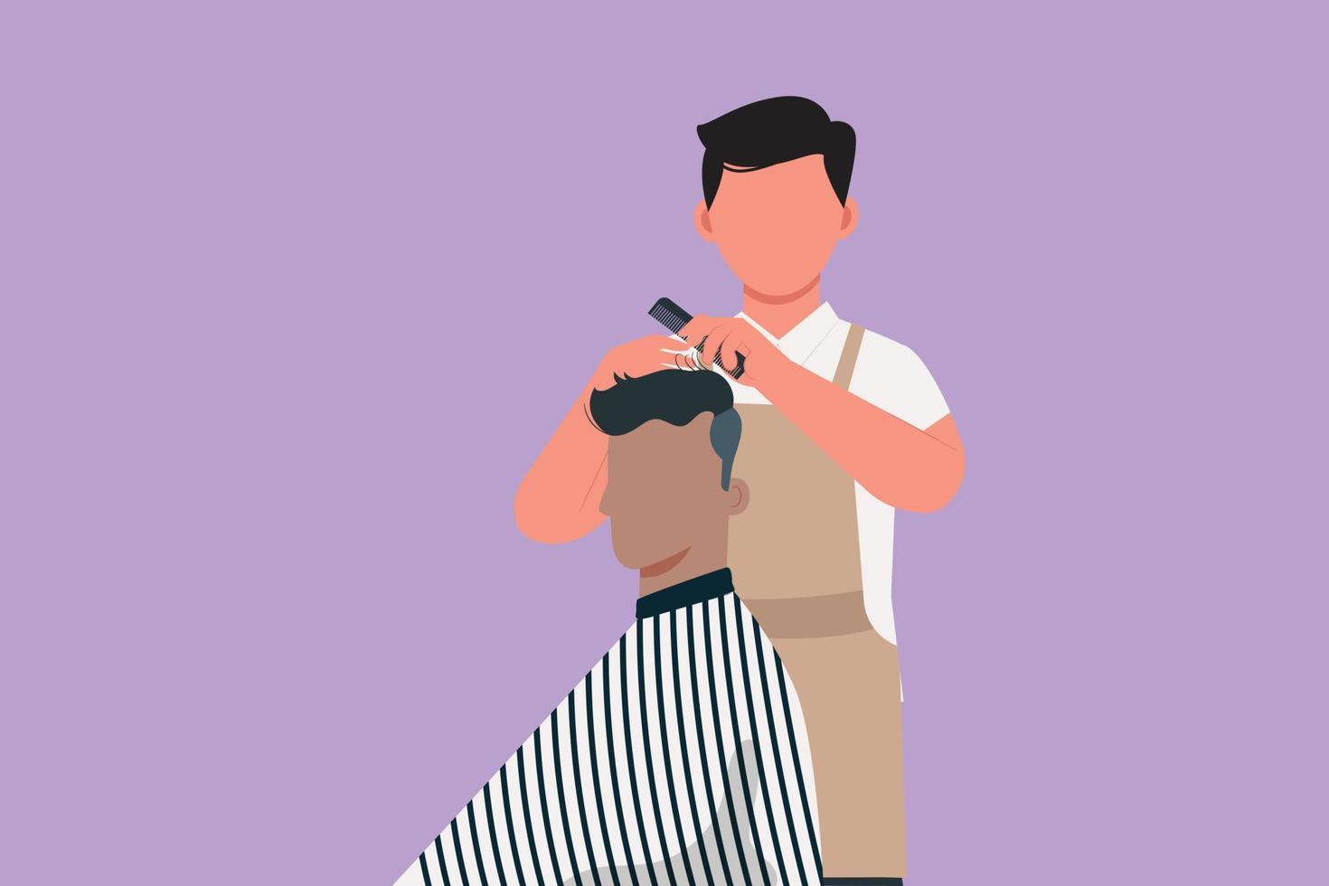 Graphic flat design drawing of young handsome barber making haircut of attractive bearded man in barbershop. Hairdo looks trendy and so perfect. Successful business. Cartoon style vector illustration