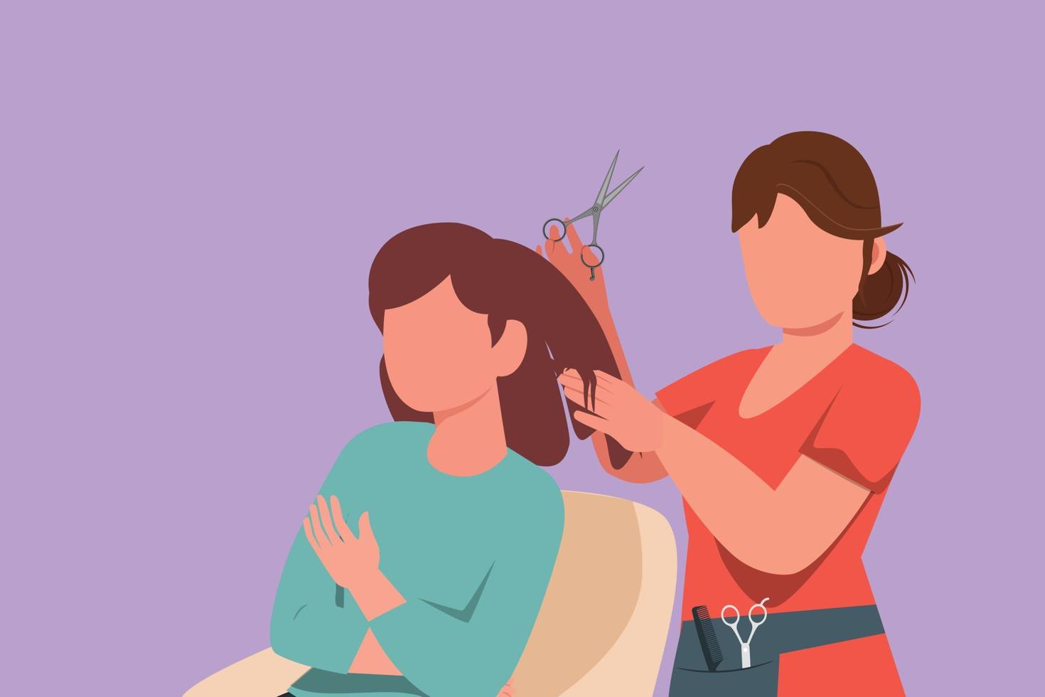 Graphic flat design drawing pretty brunette working as hairdresser and cutting hair tips of female customer in beauty salon. Successful hair style business concept. Cartoon style vector illustration