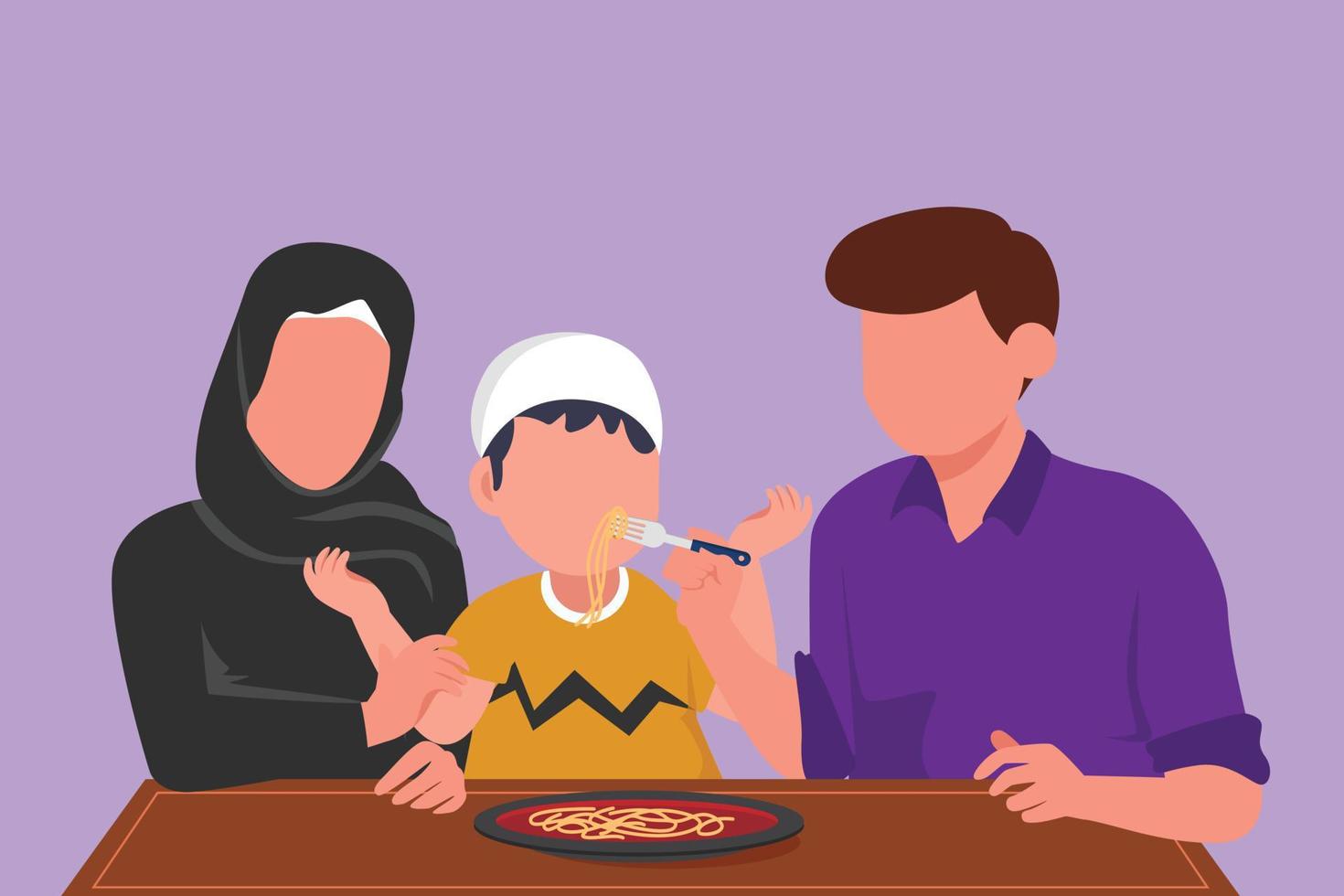 personaje plano dibujo joven familia árabe almorzando juntos en el restaurante. los padres alimentan a su hijo con amor. pequeña familia feliz comiendo fideos o espaguetis italianos. ilustración vectorial de diseño de dibujos animados vector