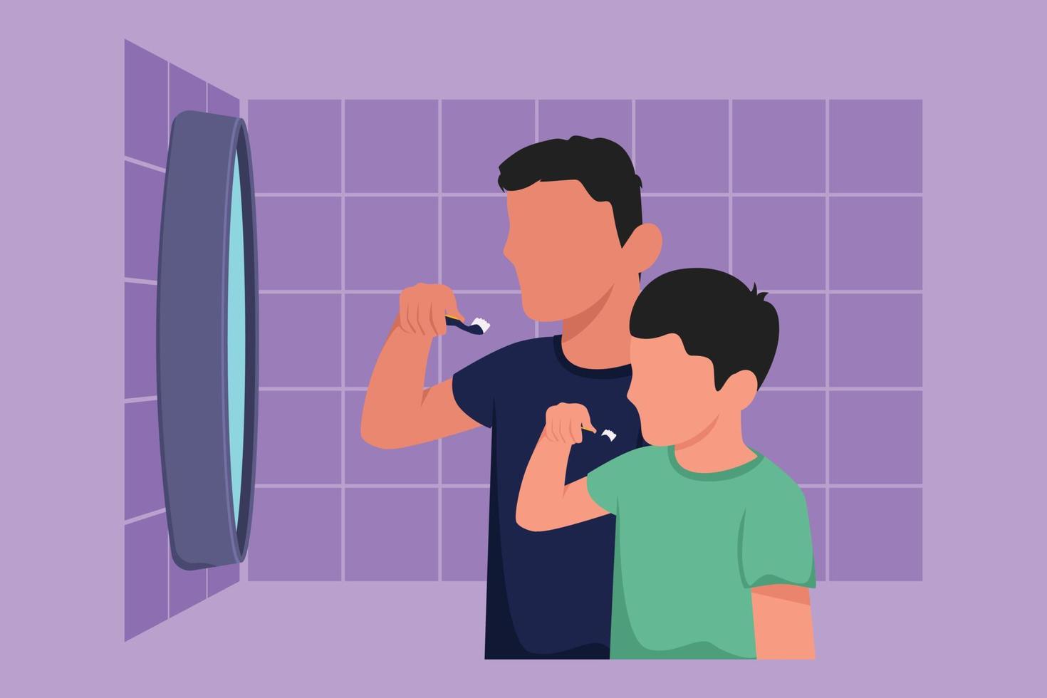 Graphic flat design drawing happy father and son holding toothbrushes and brush their teeth while looking at mirror in bathroom. Habits for health of mouth and teeth. Cartoon style vector illustration