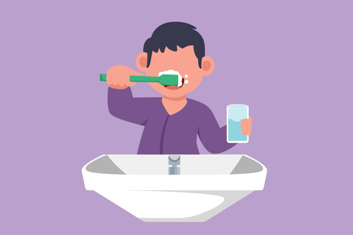 Graphic flat design drawing of little boy brushing his teeth in sink. Children routine habits every morning for cleanliness, health, and freshness of mouth and teeth. Cartoon style vector illustration