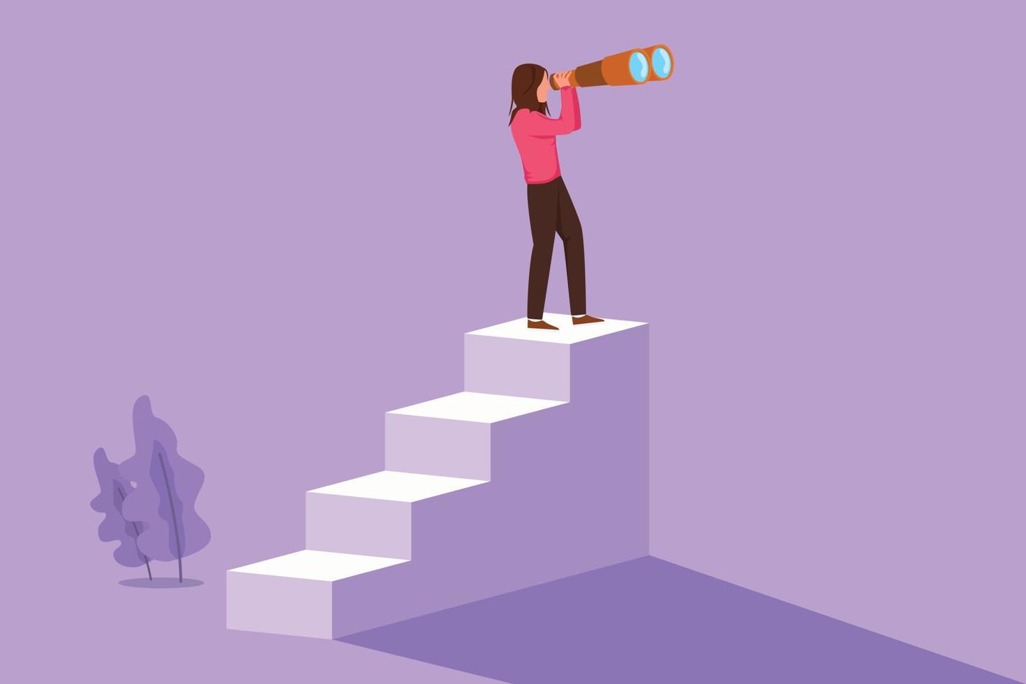 Character flat drawing beautiful businesswoman standing on stairs with binoculars. Vision concept in business. Symbol of leadership, strategy, mission, objectives. Cartoon design vector illustration