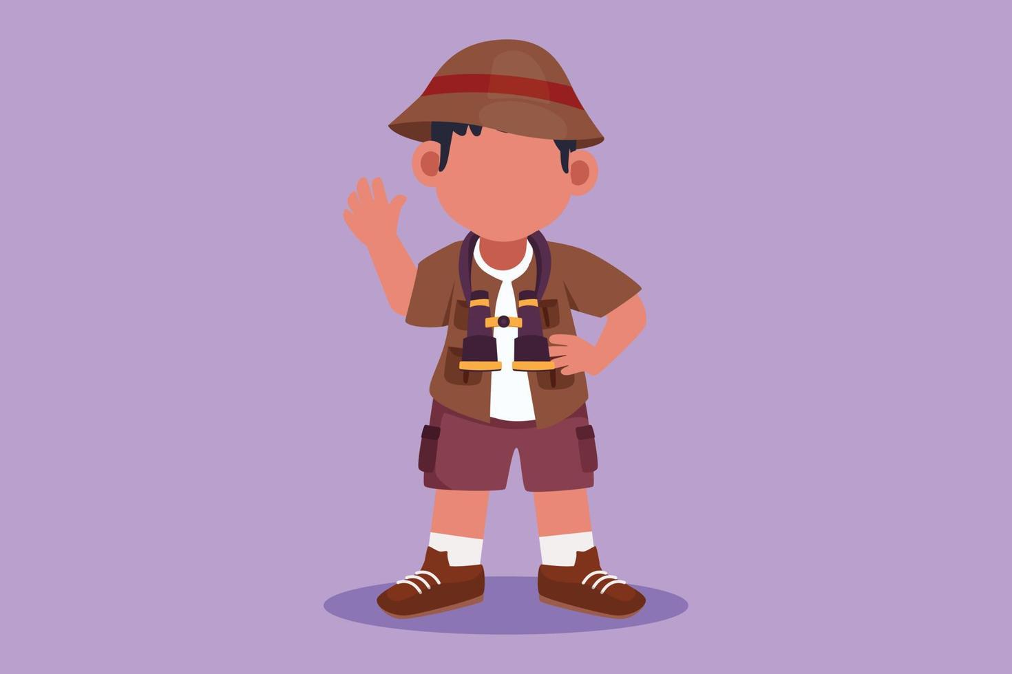 Graphic flat design drawing little boy scout wearing safari outfit complete with hat, carrying bag and draping binoculars. Adorable kid adventurer learn about nature. Cartoon style vector illustration