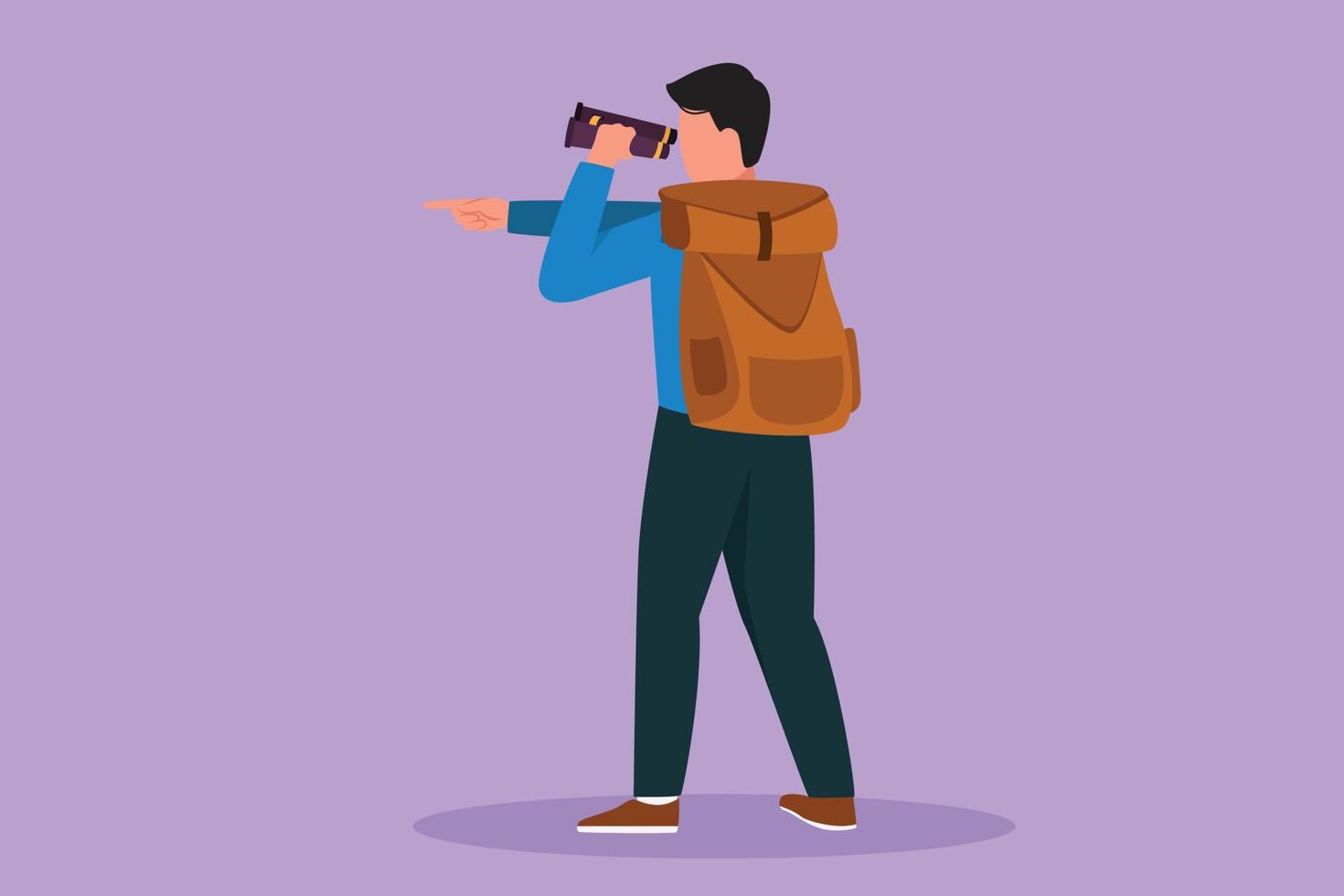 Character flat drawing male adventurer carrying backpack while looking through binoculars and pointing to somewhere. Exploration of mountainous or hilly landscapes. Cartoon design vector illustration