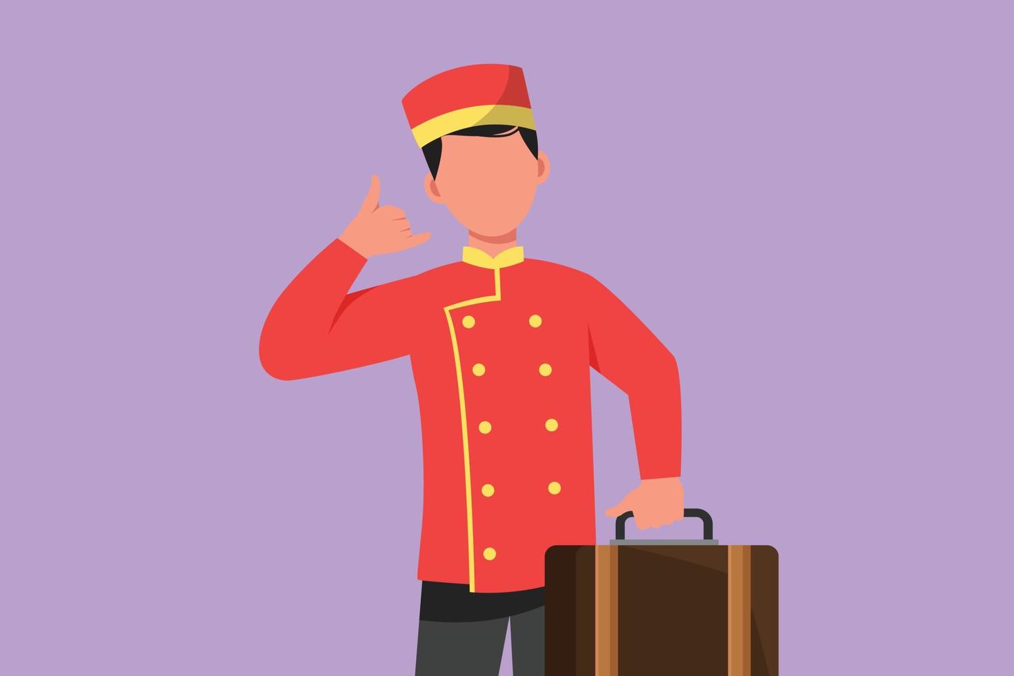 Character flat drawing hotel doorman in uniform held suitcase with call me gesture. Ready to serve guests in friendly and warm manner. Porter with great hospitality. Cartoon design vector illustration