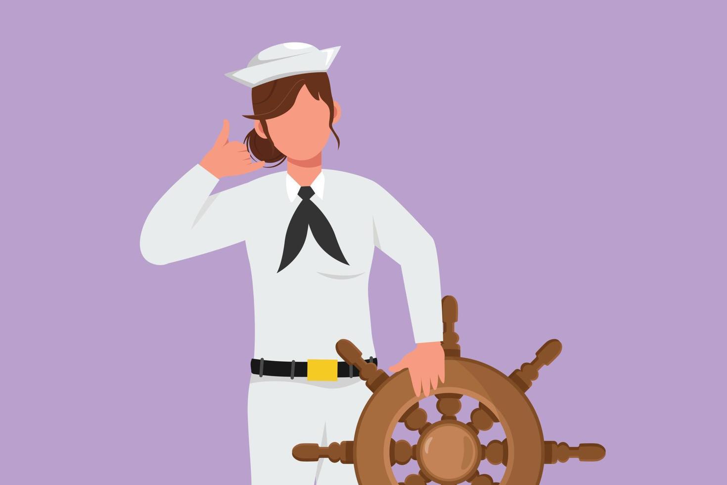 Cartoon flat style drawing bravery sailor woman with call me gesture ready to sail across seas in ship that is headed by captain. Female sailor travel across ocean. Graphic design vector illustration