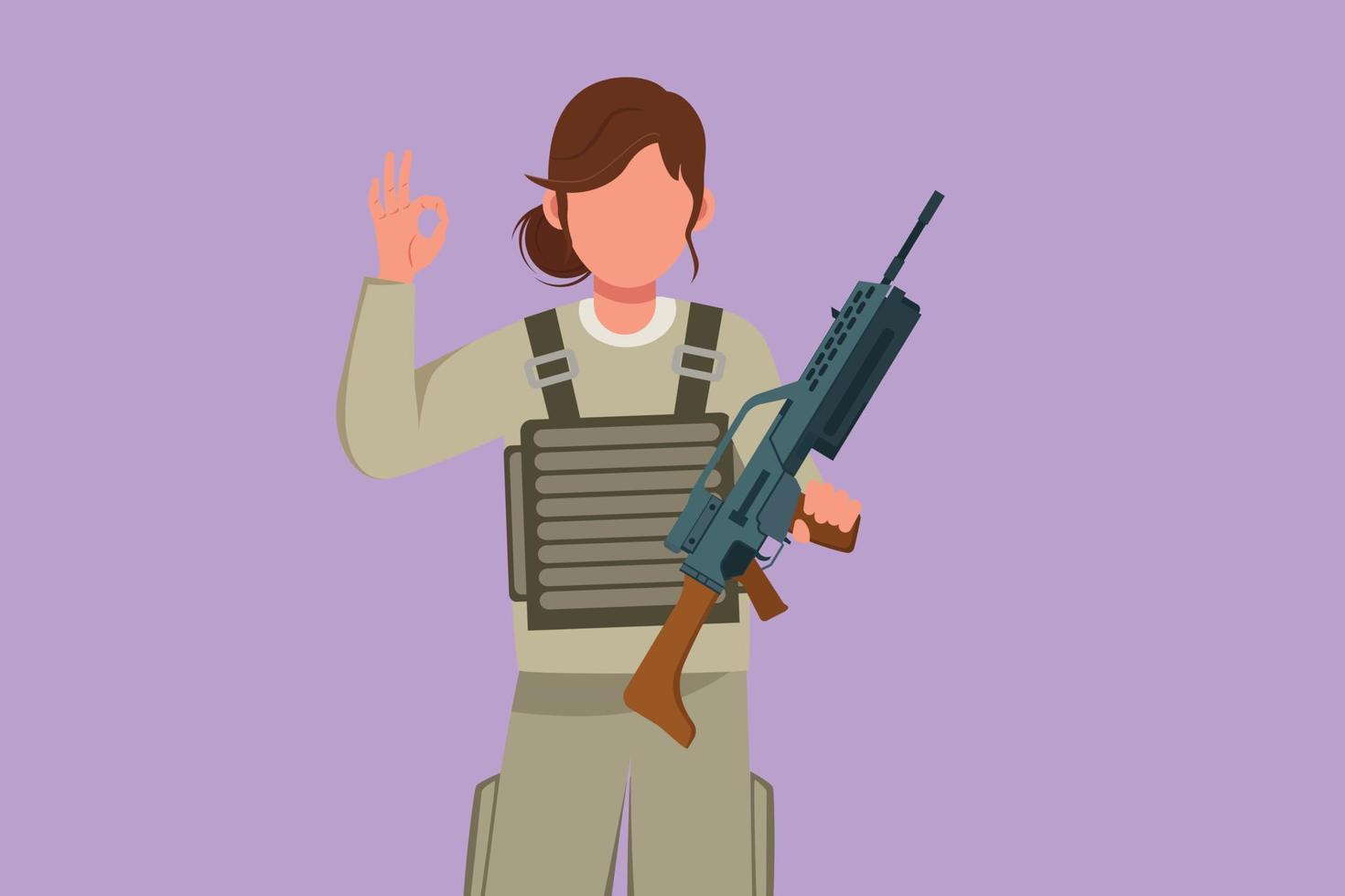 Cartoon flat style drawing female soldier in full uniform, holding weapon with okay gesture and ready to defend country on battlefield against enemy. Army on duty. Graphic design vector illustration
