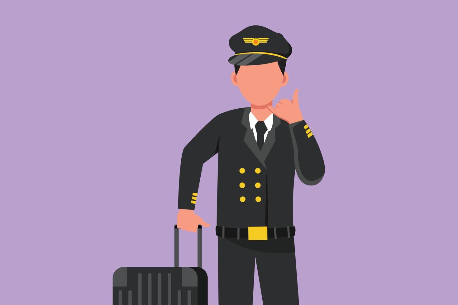 Character flat drawing male pilot with call me gesture and full uniform is ready to fly with cabin crew with aircraft at airport. Airline travel or plane industry. Cartoon design vector illustration