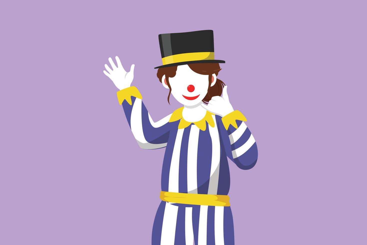 Cartoon flat style drawing female clown hand say hi and the other hand with call me gesture. Wearing hat and smiling face makeup. Entertain kids at birthday party. Graphic design vector illustration