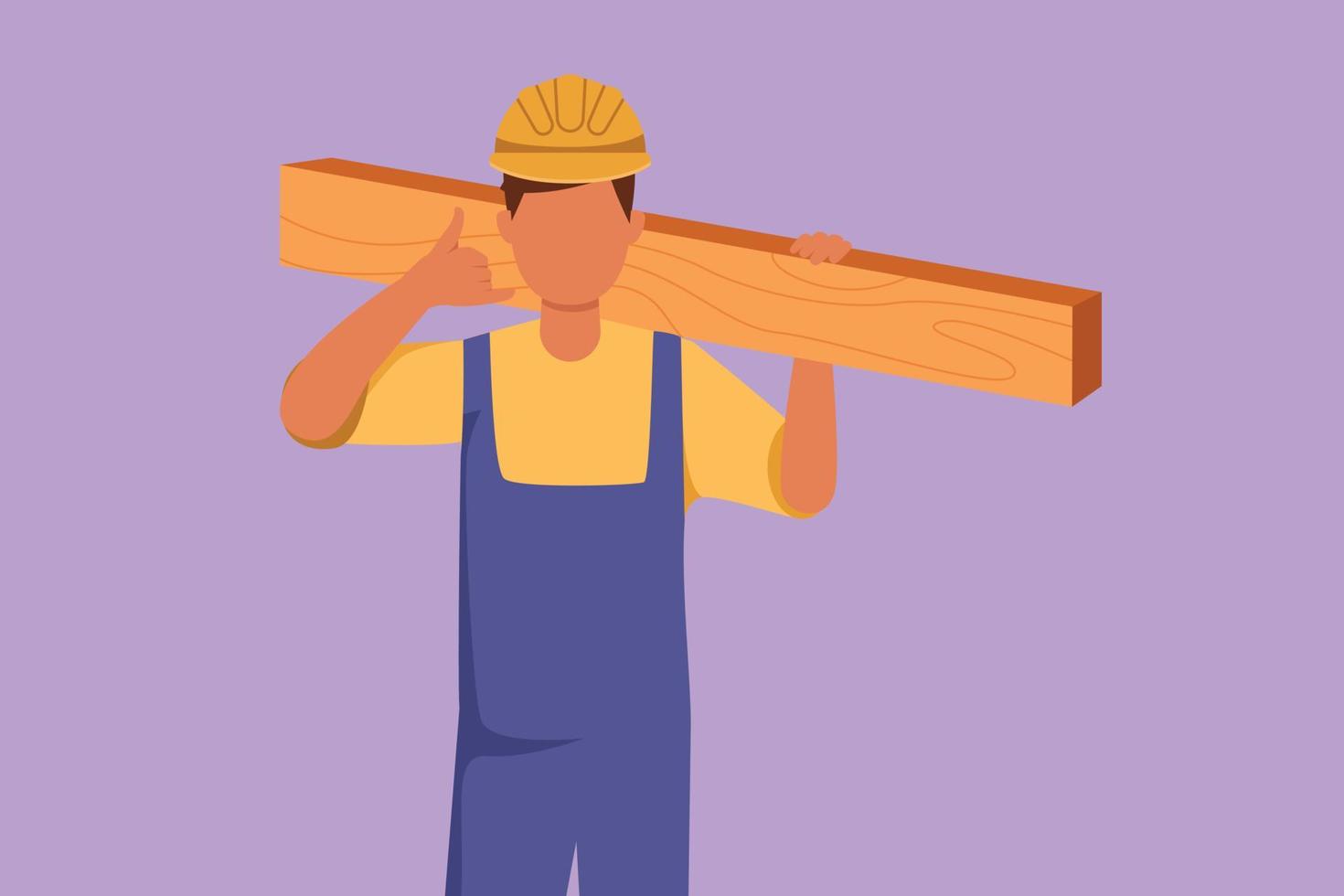 Character flat drawing male carpenter carrying wooden board with call me gesture and working in his workshop making wooden products. Skills in using carpentry tool. Cartoon design vector illustration