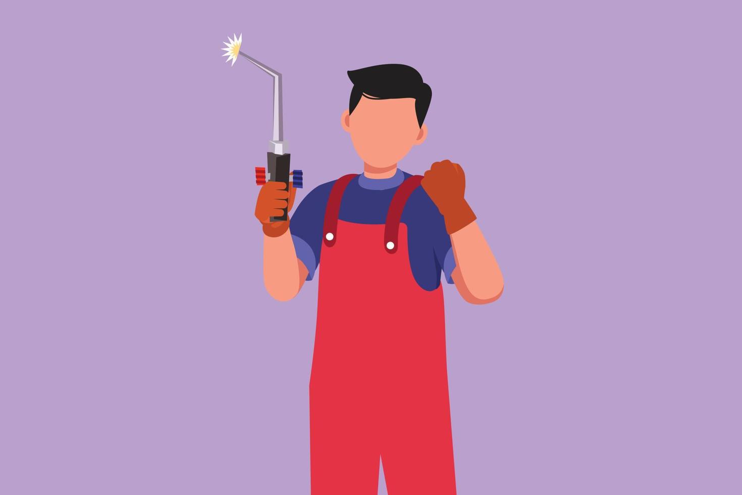 Cartoon flat style drawing male welder holds welding tool with celebrate gesture and working in construction building and forming steel frame that is melted by fire. Graphic design vector illustration