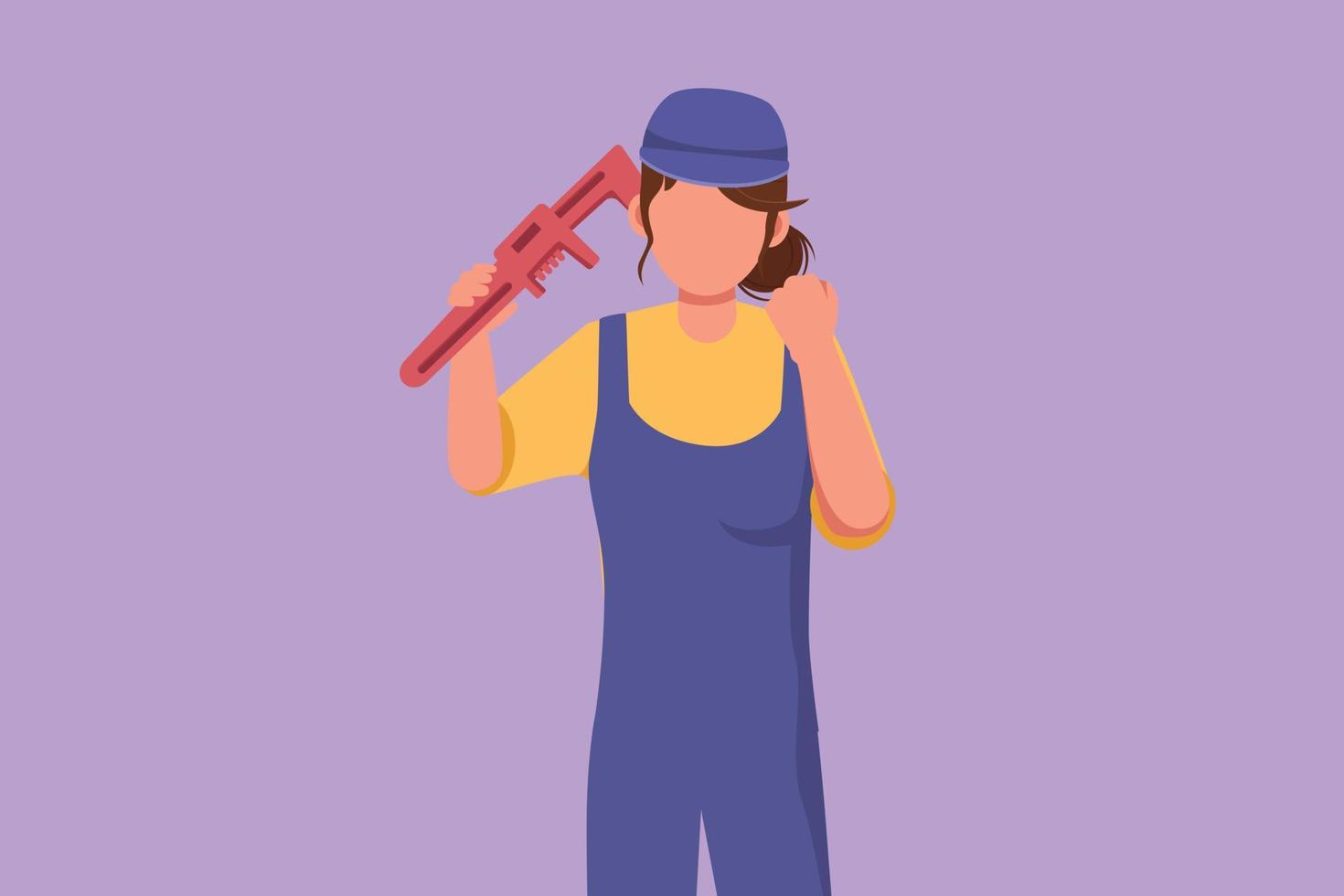 Graphic flat design drawing female plumber holds wrench and wearing helmet with celebrate gesture, ready to work on repairing leaking drain in sink and houses drains. Cartoon style vector illustration