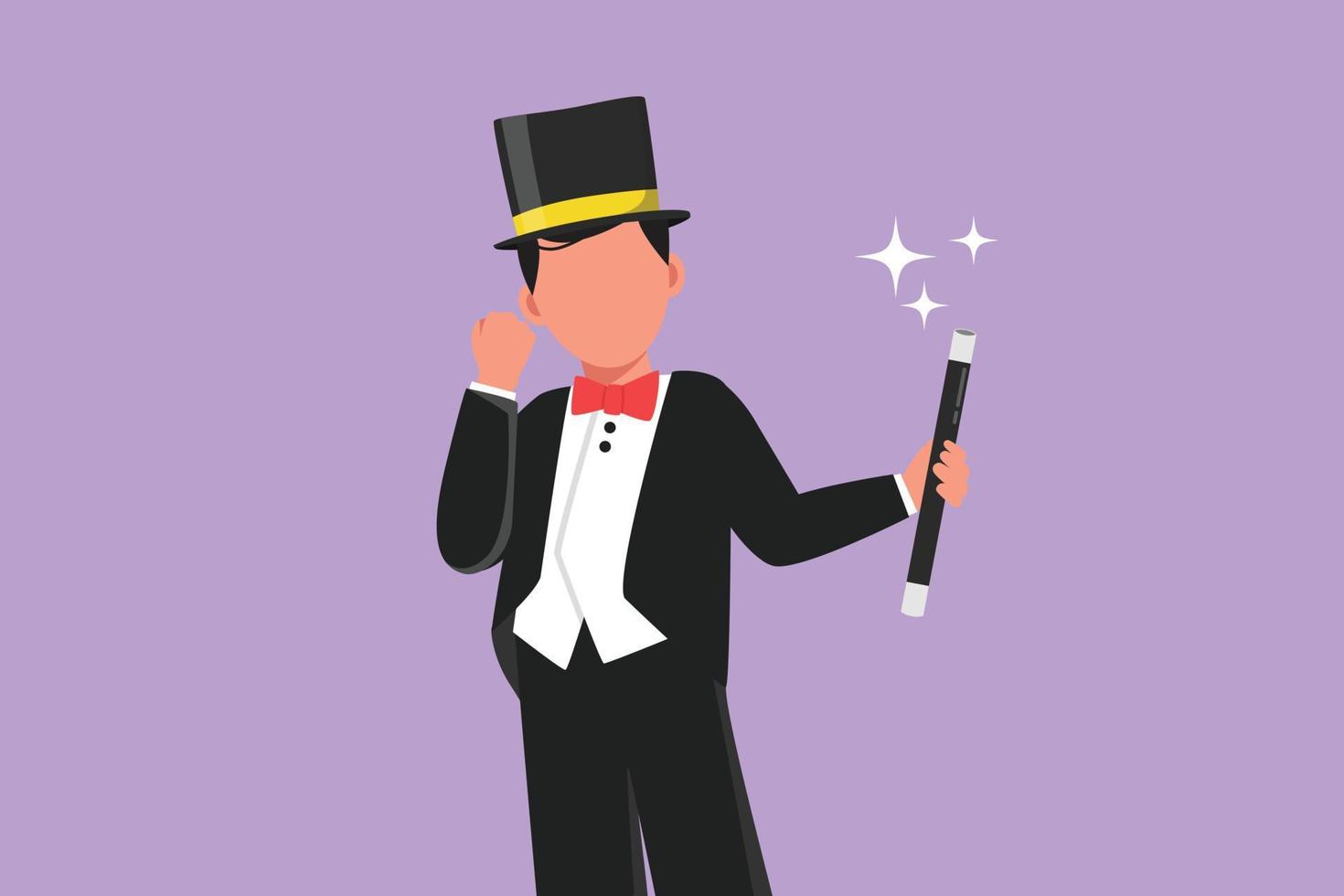 Graphic flat design drawing magician in tuxedo with celebrate gesture wear hat and holds magic stick ready to entertain audience in circus show. Magical performance. Cartoon style vector illustration