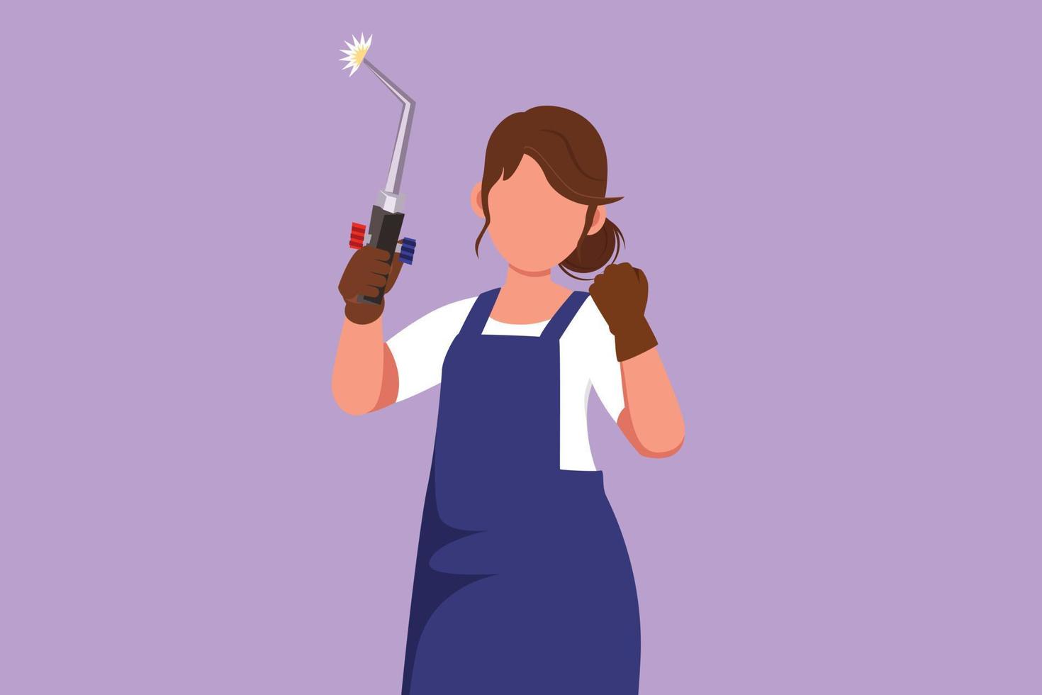 Cartoon flat style drawing female welder holding welding tool with celebrate gesture, working in construction of building forming steel frame that is melted by fire. Graphic design vector illustration