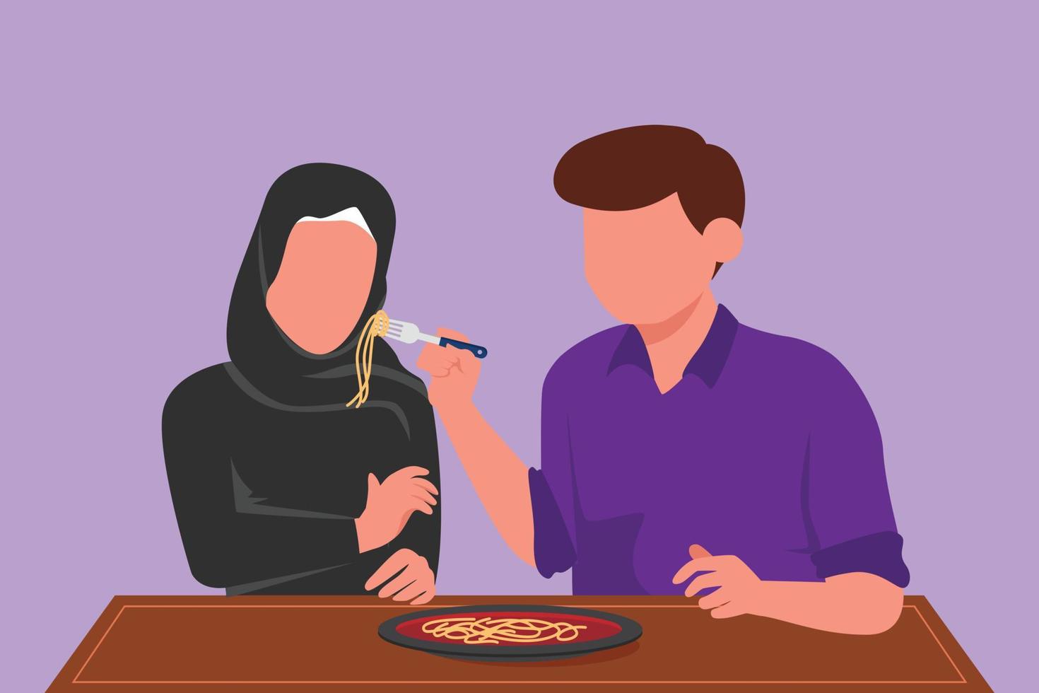 Graphic flat design drawing Arab couple eating ramen. Man and woman in ramen shop romantic date dinner. Sitting at table eating fresh Asian cuisine noodles together. Cartoon style vector illustration