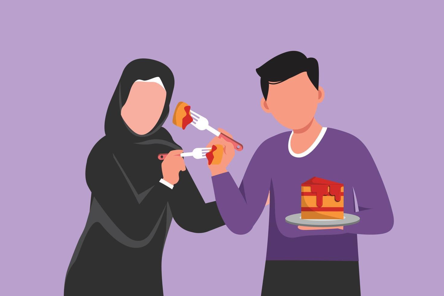 Graphic flat design drawing Arab couple eating cake and feeding each other. Man and woman having fun dinner together at restaurant. Celebrate wedding anniversaries. Cartoon style vector illustration