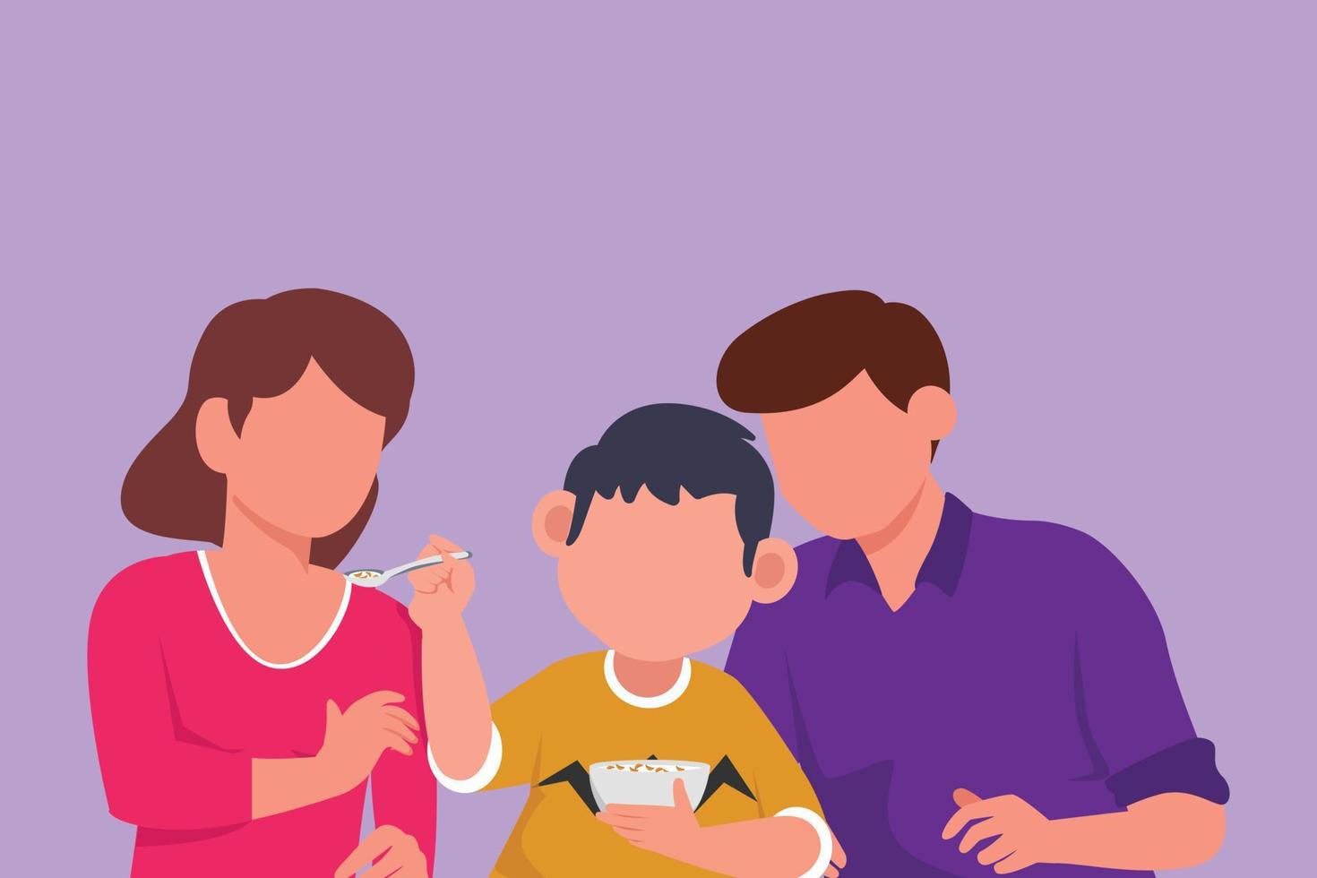 dibujos animados de estilo plano dibujando a una familia joven desayunando junto con cereal y un vaso de leche en casa. el niño alimenta a su madre con amor. pequeña familia feliz. ilustración vectorial de diseño gráfico vector