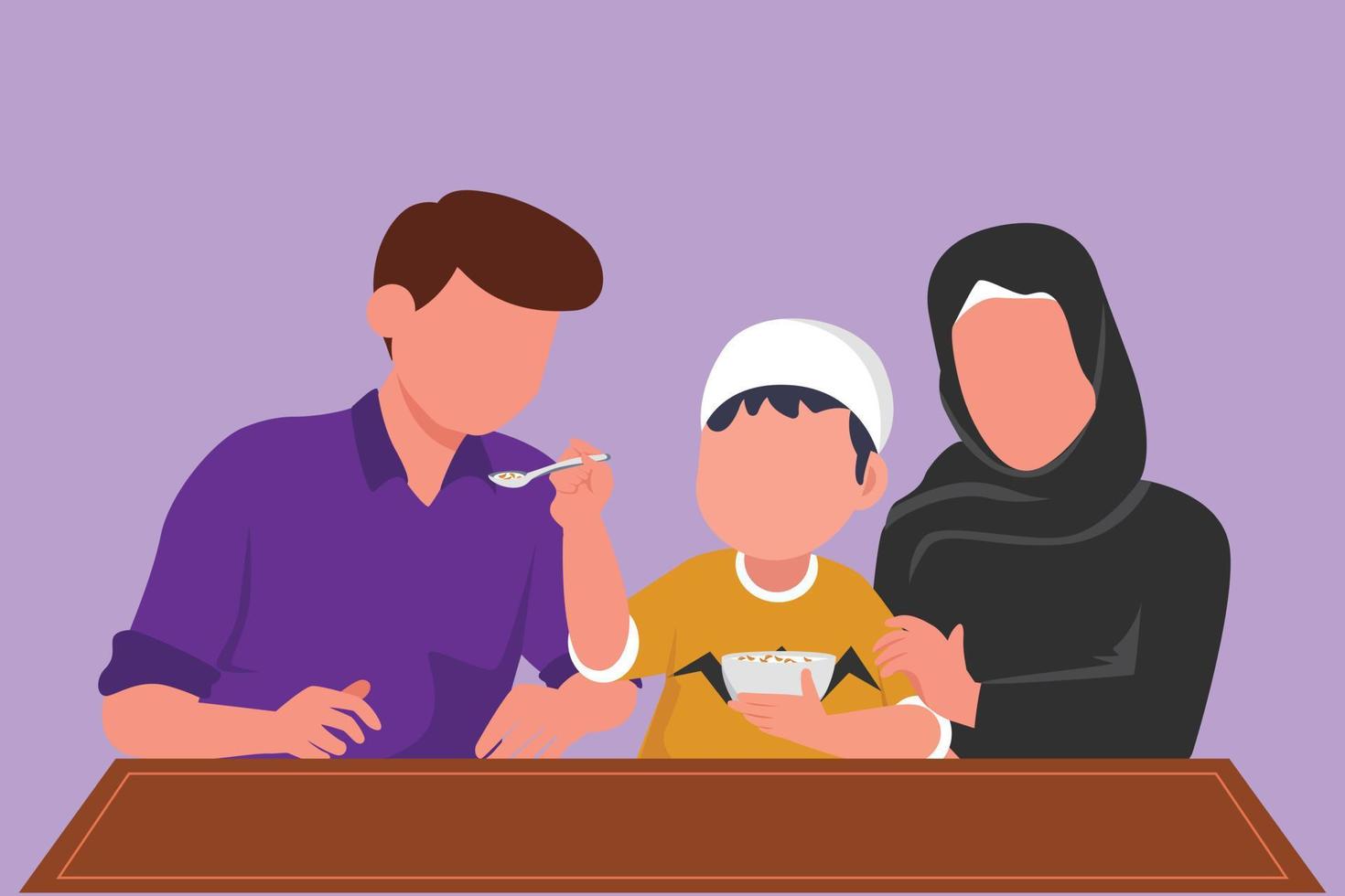 Cartoon flat style drawing of young family having breakfast together with cereal and milk in restaurant. Little boy feeds his father with love. Happy Arabian family. Graphic design vector illustration