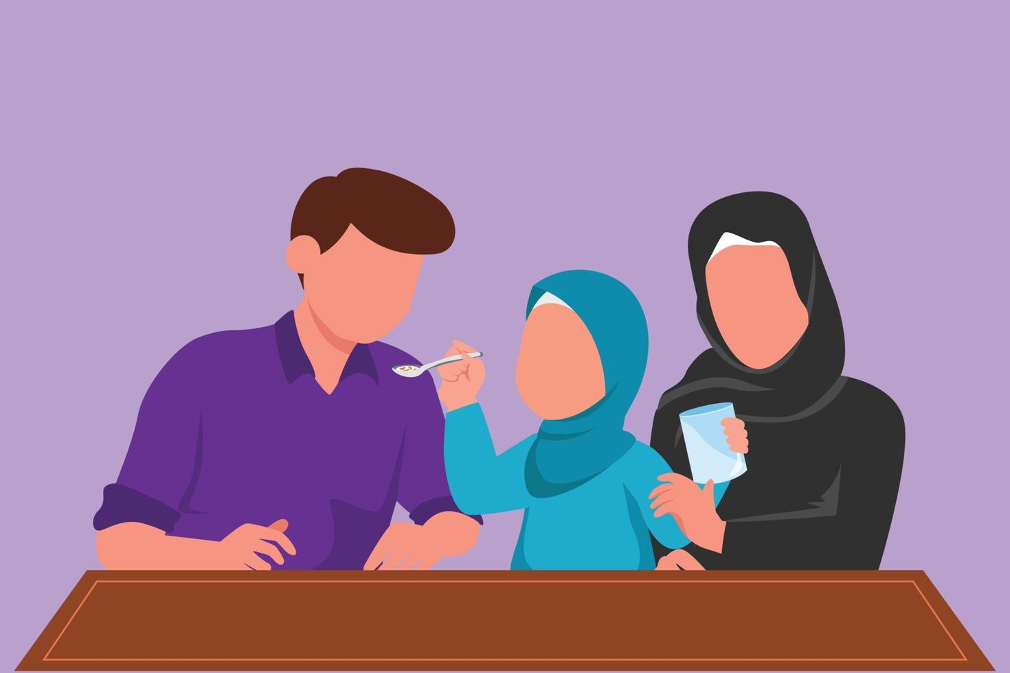 Cartoon flat style drawing young Arab family having breakfast together with cereal and milk in restaurant. Daughter feeds her father with love. Happy little family. Graphic design vector illustration