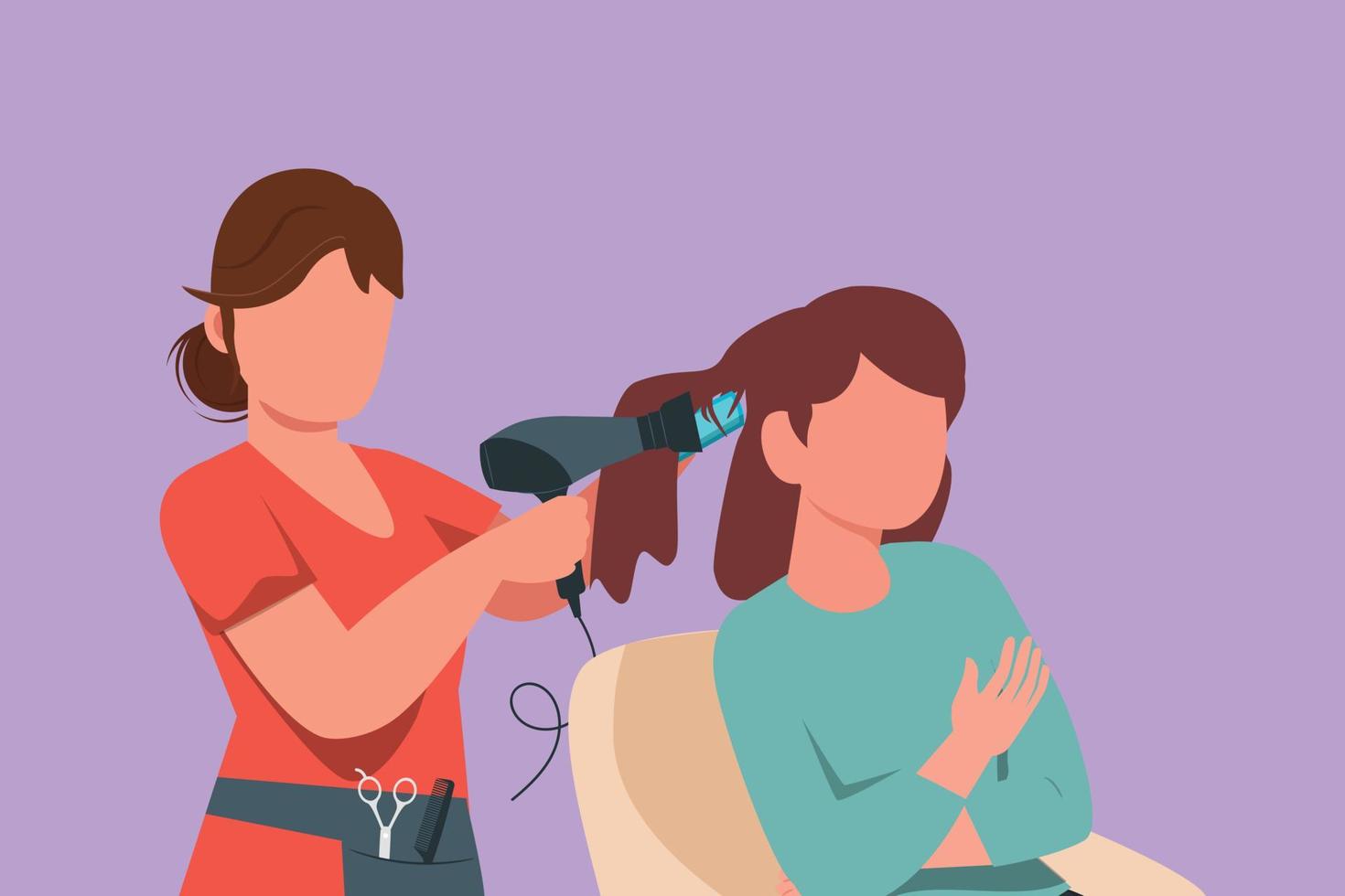 dibujo plano de dibujos animados de mujer joven feliz en peluquería. va por un cambio de estilo, discutiendo el peinado con su peluquero sosteniendo un secador de pelo. negocio de éxito. ilustración vectorial de diseño gráfico vector