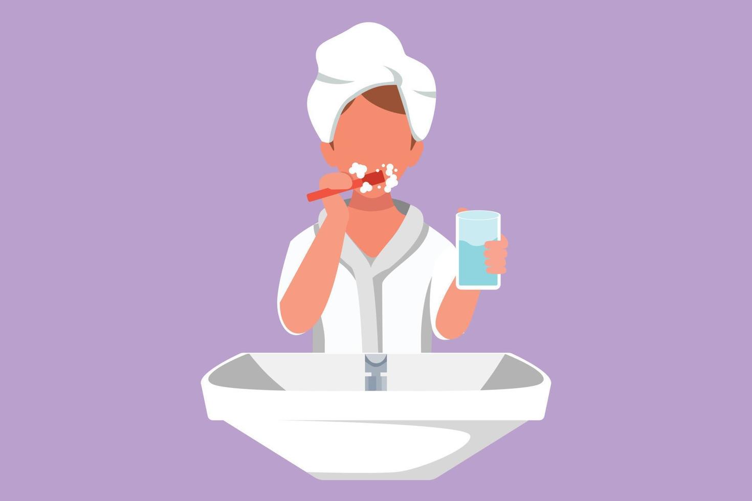 Graphic flat design drawing woman brushing teeth in sink. Routine habits every morning for cleanliness, health, freshness of mouth and teeth. Healthy teeth campaign. Cartoon style vector illustration