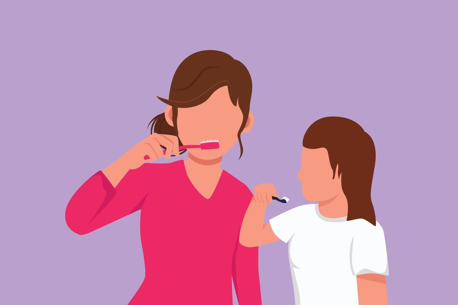 Graphic flat design drawing happy mother teaching her daughter brushing teeth in bathroom. Routine habits for cleanliness. Healthy mouth teeth campaign for children. Cartoon style vector illustration