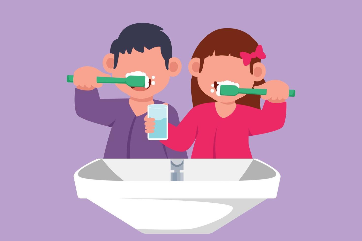 Cartoon flat style drawing boys and girls are brushing their teeth in bathroom sink. Routine habits for cleanliness. Healthy mouth and teeth campaign for children. Graphic design vector illustration