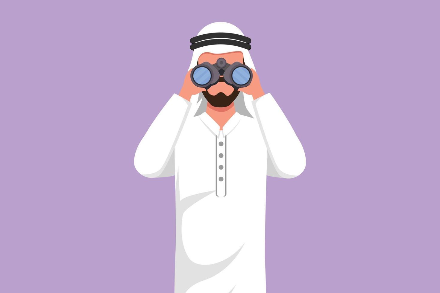 Cartoon flat style drawing Arabian businessman looking through binoculars searching for job. Find all opportunities in the world of suitable jobs. Business metaphor. Graphic design vector illustration