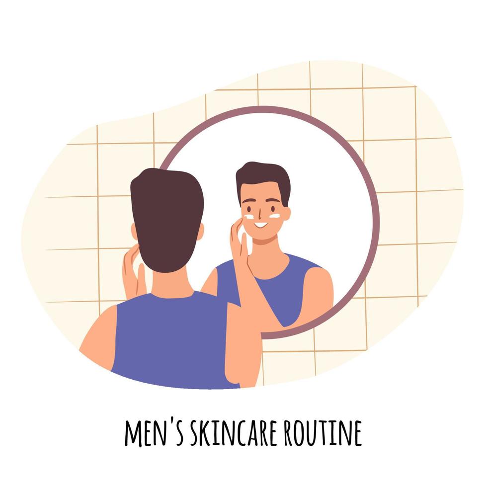 Skincare routine concept. Man applying face cream in bathroom. Happy young guy looking at mirror vector