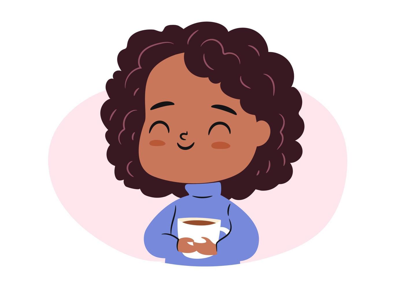 Cute chibi girl with cup in hands. Character with curly hair enjoying her  hot drink 19525526 Vector Art at Vecteezy