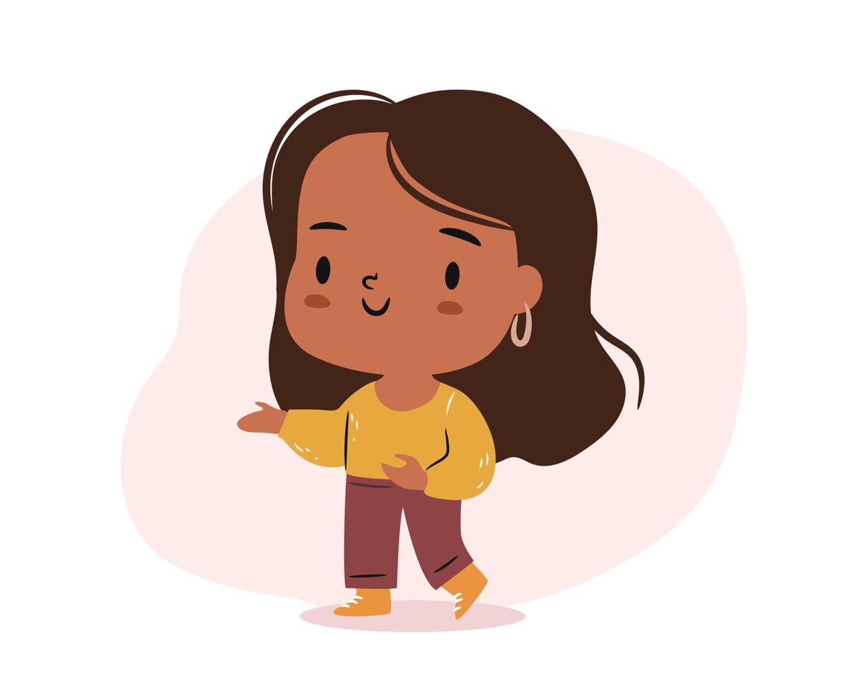 lindo personaje de chica chibi apuntando a algo. mujer afroamericana de dibujos animados vector