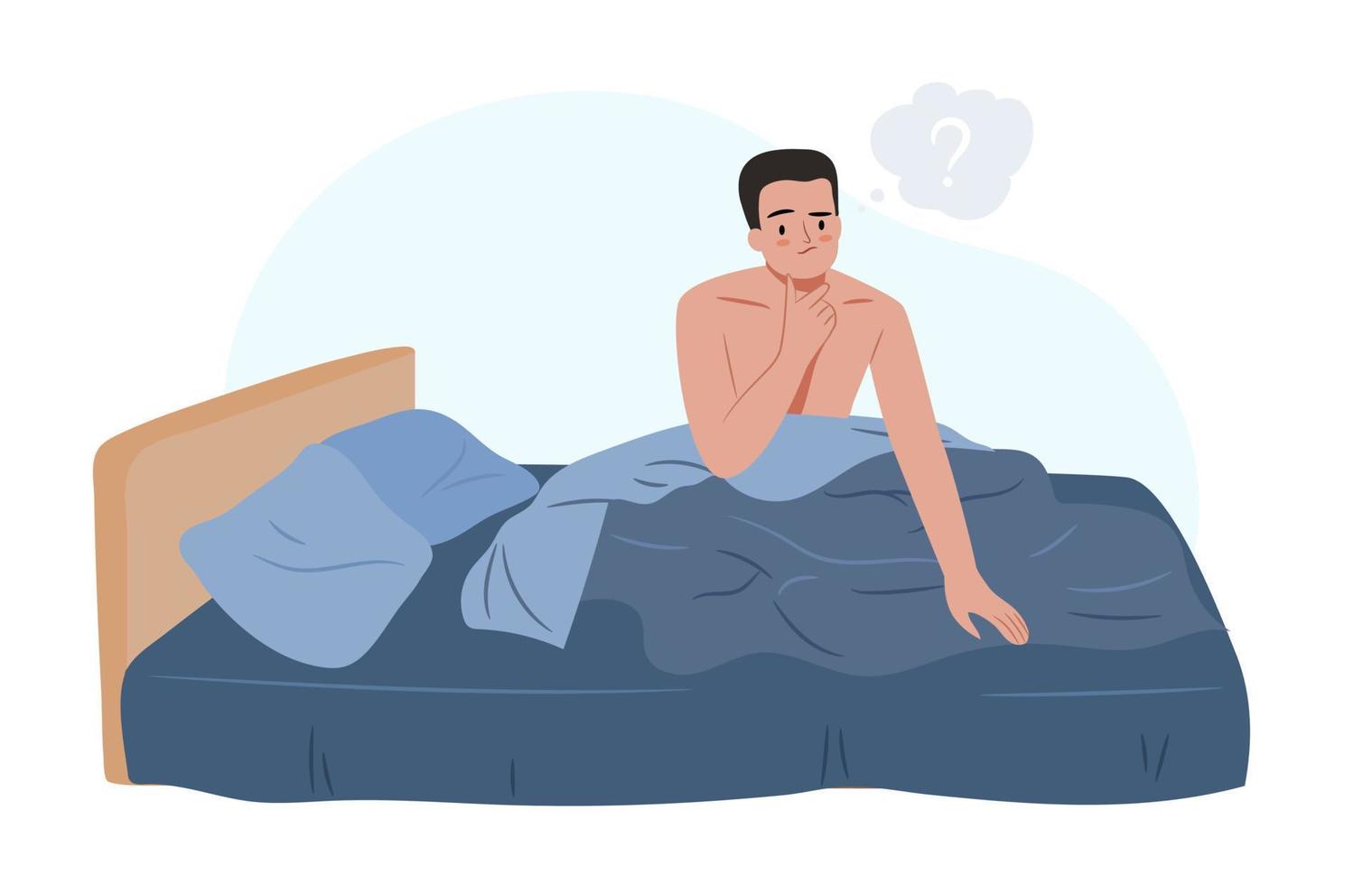hombre en la cama por la mañana pensando en algo. ilustración de vector plano de chico soñoliento.