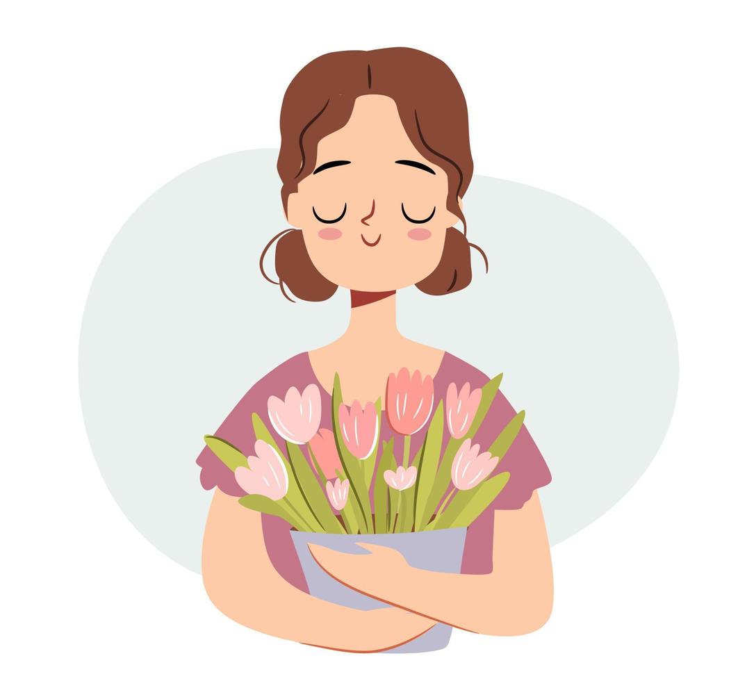 Cute girl with a floral bouquet. Potted flowers gift. Tulips in hands. March 8 character isolated on white background. vector