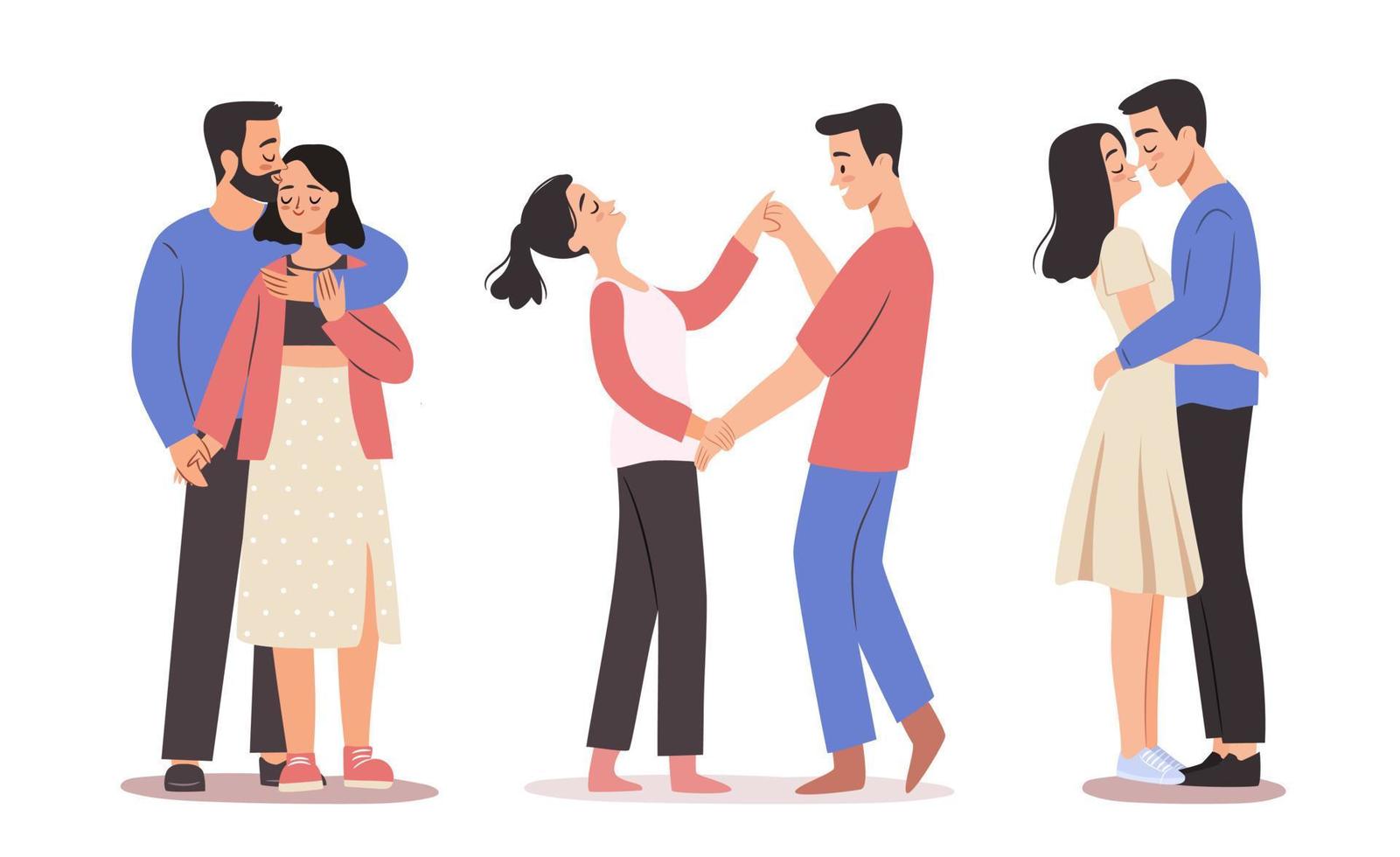 Set of cute couples of man and woman in love hugging, dancing and kissing. Isolated vector couples