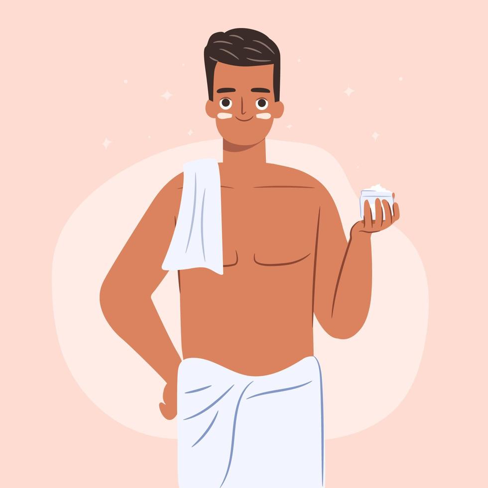 Skincare routine concept for man. Happy young guy in towel holding a face cream in hand. vector
