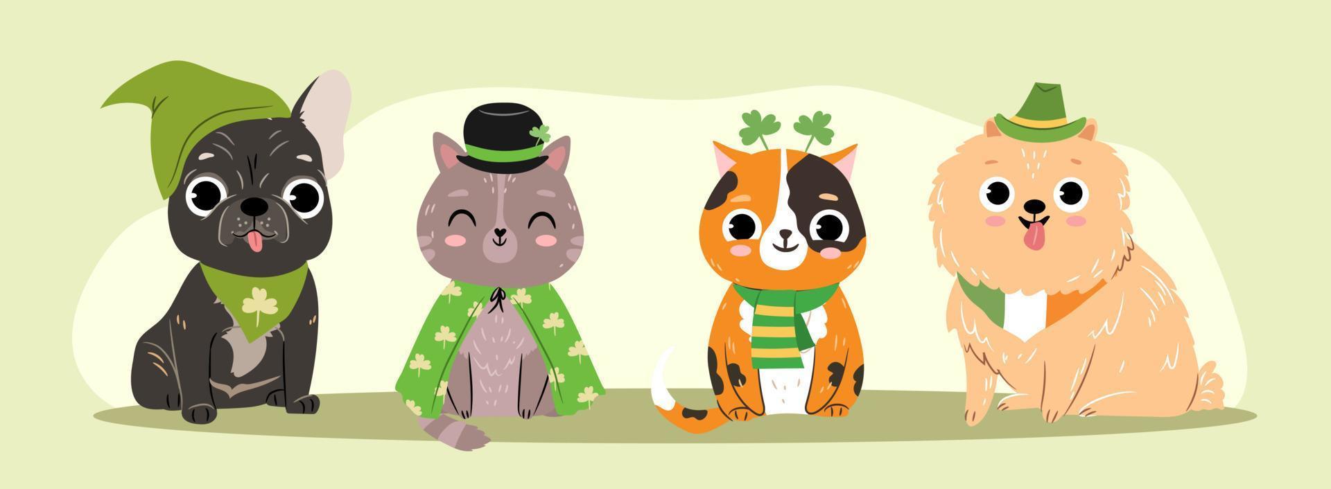 conjunto de animales divertidos en ropa linda celebrando el día de san patricio vector