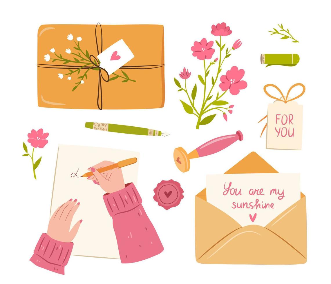 Love post objects set. Love letter, hand writing, flowers, present, tag. Vector hand drawn illustration