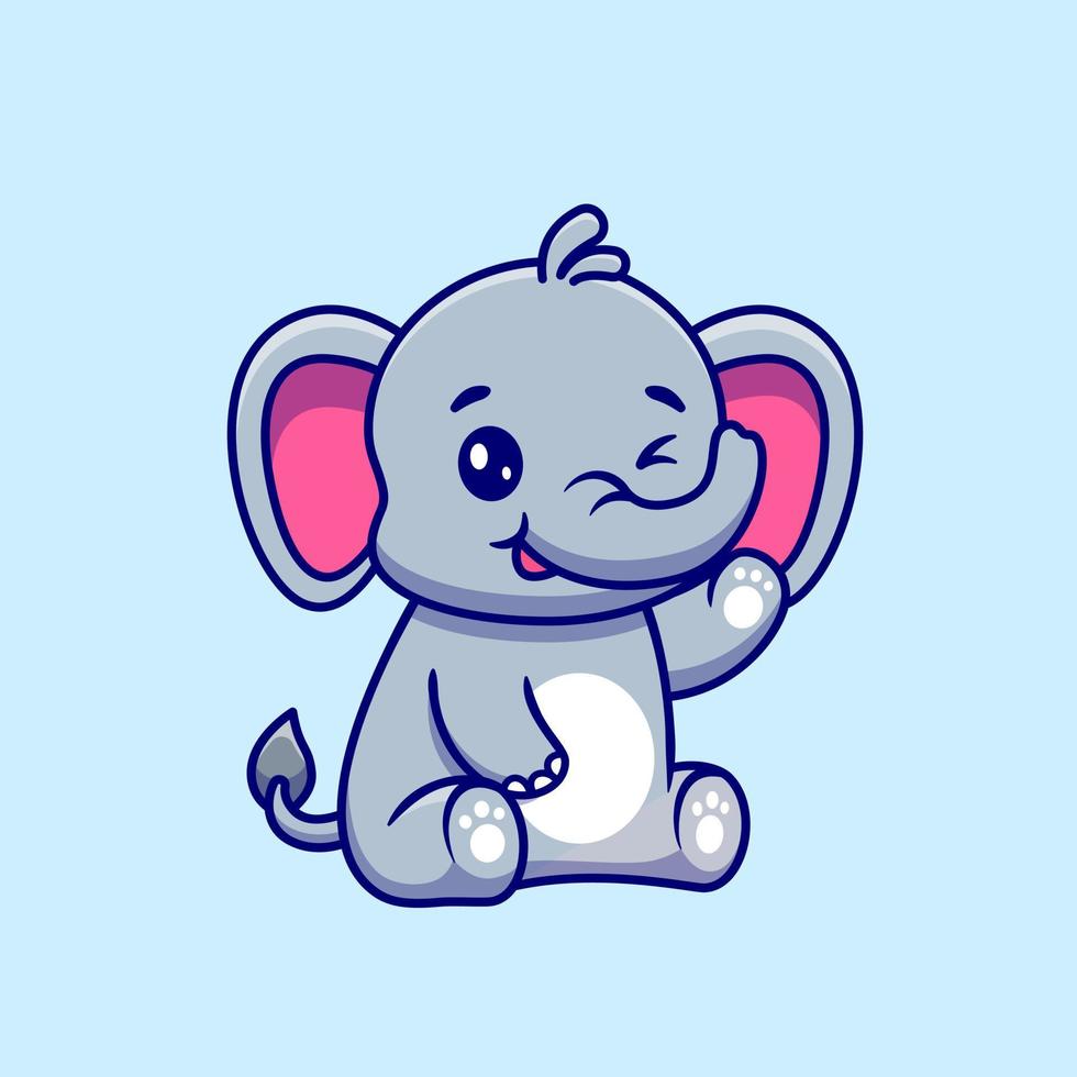 Cute Elephant Sitting And Waving Hand Cartoon Vector Icon Illustration. Animal Love Icon Concept Isolated Premium Vector. Flat Cartoon Style