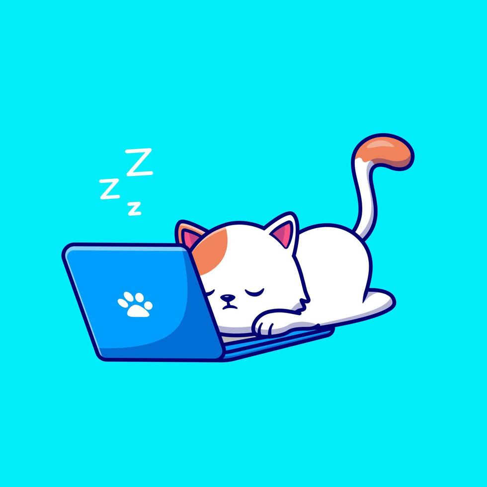 lindo gato durmiendo y trabajando en la ilustración del icono del vector de dibujos animados de la computadora portátil. concepto de icono de tecnología animal vector premium aislado. estilo de dibujos animados plana